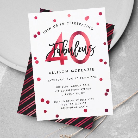 Fabulous 40 | Modern Elegant Red Brushed Birthday Kaart
