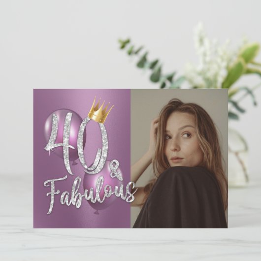 Fabulous 40 Modern Paarse foto 40th Birthday Invi Kaart (Staand voorkant)