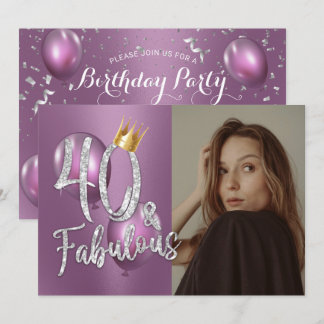 Fabulous 40 Modern Paarse foto 40th Birthday Invi Kaart