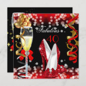 Fabulous 40 Red Black Gold Bubbles Party Kaart (Voorkant / Achterkant)