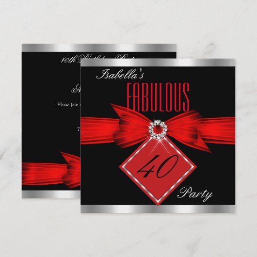 Fabulous 40 Red Black Silver Birthday Party Kaart (Voorkant / Achterkant)