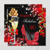 Fabulous 40 Red Heels Gold Bubbles Birthday Party Kaart (Voorkant / Achterkant)