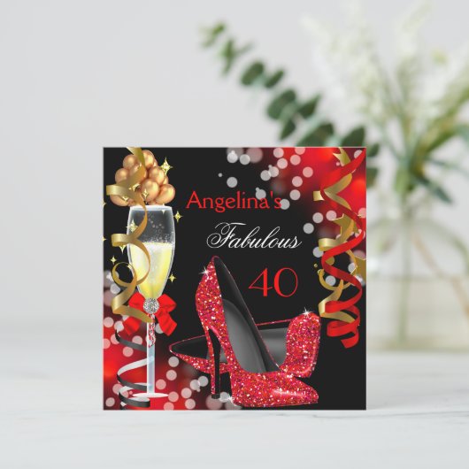 Fabulous 40 Red Heels Gold Bubbles Birthday Party Kaart (Staand voorkant)