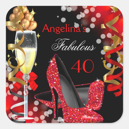 Fabulous 40 Red Heels Gold Bubbles Birthday Party Vierkante Sticker (Voorkant)