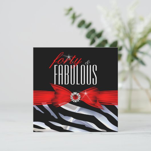 Fabulous 40 Red Zebra Black White Birthday Party Kaart (Staand voorkant)
