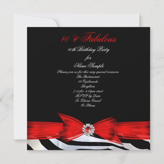 Fabulous 40 Red Zebra Black White Birthday Party Kaart (Achterkant)