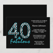 Fabulous 40th Black and Blauwgroen Zebra Birthday Kaart (Voorkant / Achterkant)