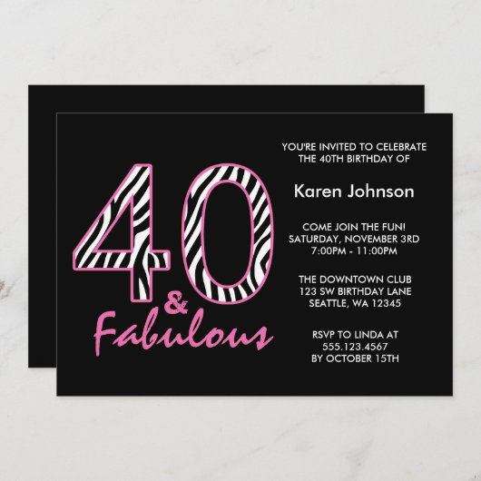 Fabulous 40th Black and Pink Zebra Birthday Kaart (Voorkant / Achterkant)