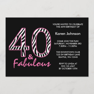 Fabulous 40th Black and Pink Zebra Birthday Kaart
