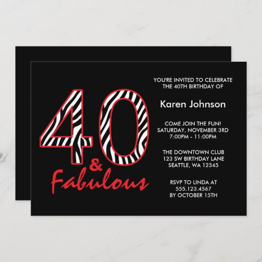 Fabulous 40th Black and Red Zebra Birthday Kaart (Voorkant / Achterkant)