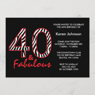 Fabulous 40th Black and Red Zebra Birthday Kaart