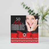 Fabulous 50 50th Birthday Party Red Black Foto Kaart (Staand voorkant)