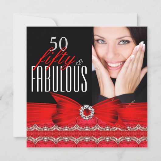 Fabulous 50 50th Birthday Party Red Black Foto Kaart (Voorkant)