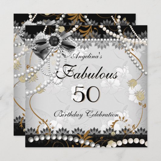 Fabulous 50 Beige Gold Black Grey Floral Birthday Kaart (Voorkant / Achterkant)