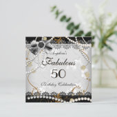 Fabulous 50 Beige Gold Black Grey Floral Birthday Kaart (Staand voorkant)