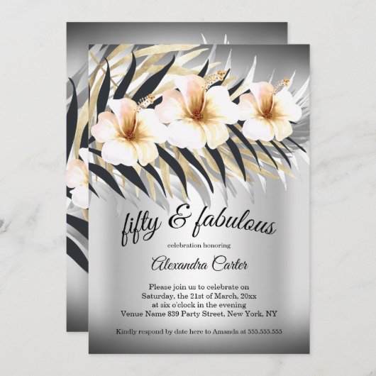 Fabulous 50 Beige Silver Gold Hibiscus party Kaart (Voorkant / Achterkant)