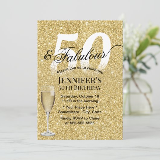 Fabulous 50 Birthday Champagne Modern Gold Glitter Kaart (Staand voorkant)