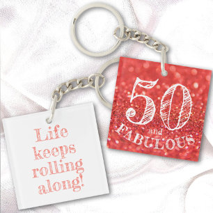 Fabulous 50 Birthday Coral Glitter Double Sided Sleutelhanger