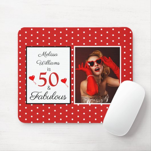 Fabulous 50 Birthday Custom Name Photo 50th W Red Muismat (Met muis)