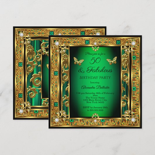 Fabulous 50 Birthday Emerald Green Butterfly Gold Kaart (Voorkant / Achterkant)