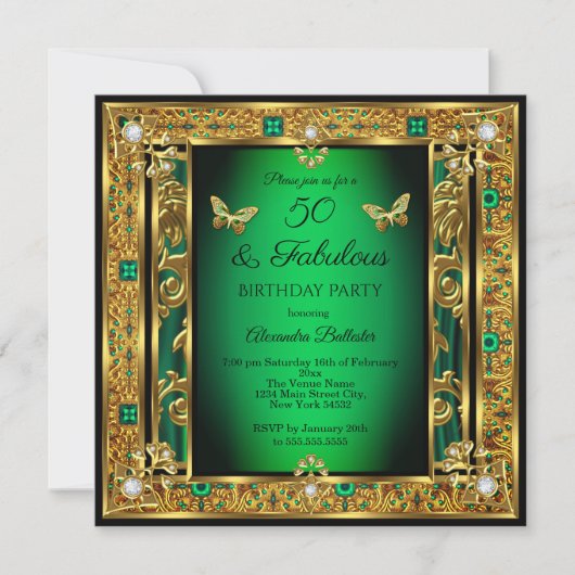Fabulous 50 Birthday Emerald Green Butterfly Gold Kaart (Voorkant)