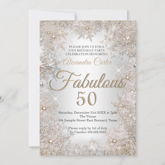 Fabulous 50 Birthday Foto Silver Beige Snowflake Kaart (Voorkant)