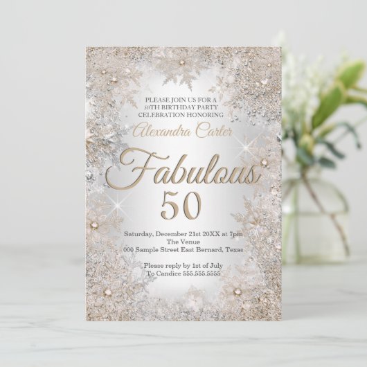 Fabulous 50 Birthday Foto Silver Beige Snowflake Kaart (Staand voorkant)