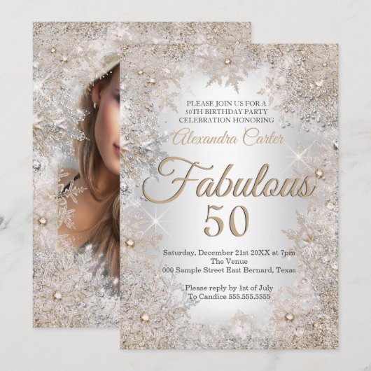 Fabulous 50 Birthday Foto Silver Beige Snowflake Kaart (Voorkant / Achterkant)