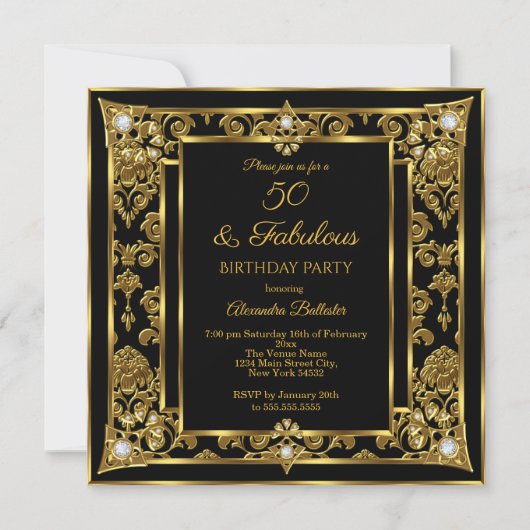 Fabulous 50 Birthday Gold Black Damask Diamond Kaart (Voorkant)