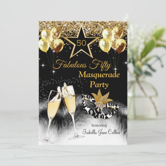 Fabulous 50 Birthday Masquerade Party Kaart (Staand voorkant)