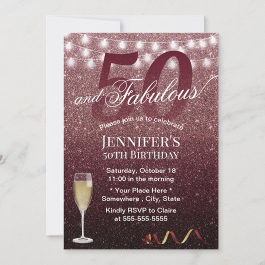 Fabulous 50 Birthday Modern Burgundy Red Glitter Kaart (Voorkant)