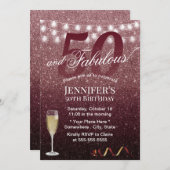 Fabulous 50 Birthday Modern Burgundy Red Glitter Kaart (Voorkant / Achterkant)