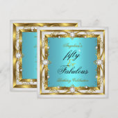 Fabulous 50 Birthday Party Blauwgroen White Pearl  Kaart (Voorkant / Achterkant)