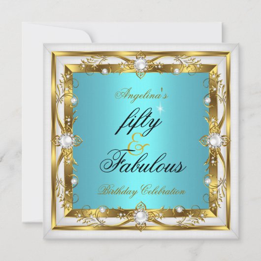 Fabulous 50 Birthday Party Blauwgroen White Pearl  Kaart (Voorkant)