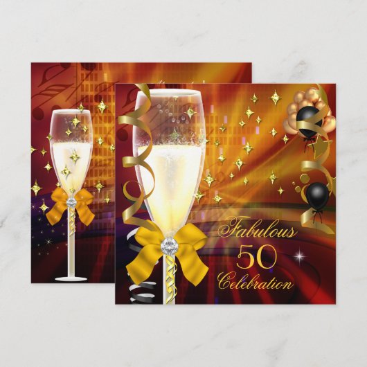Fabulous 50 Birthday Party Champagne Gold Black Kaart (Voorkant / Achterkant)