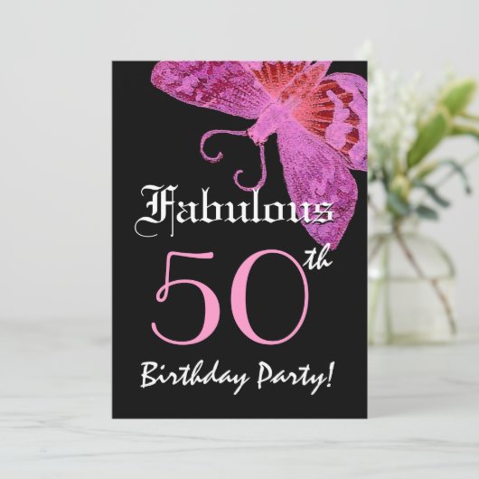 Fabulous 50 Birthday Party Pink Butterfly Kaart (Staand voorkant)