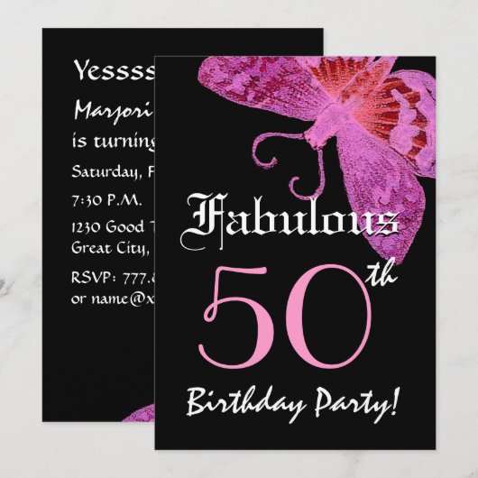Fabulous 50 Birthday Party Pink Butterfly Kaart (Voorkant / Achterkant)