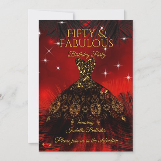 Fabulous 50 Birthday Party Red Dress Black Gold Kaart (Voorkant)