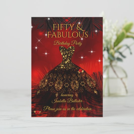 Fabulous 50 Birthday Party Red Dress Black Gold Kaart (Staand voorkant)
