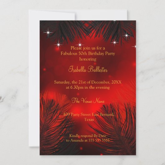 Fabulous 50 Birthday Party Red Dress Black Gold Kaart (Achterkant)