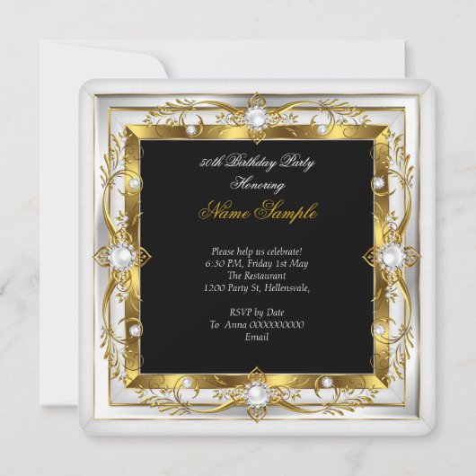 Fabulous 50 Birthday Party White Pearl Gold Black Kaart (Achterkant)