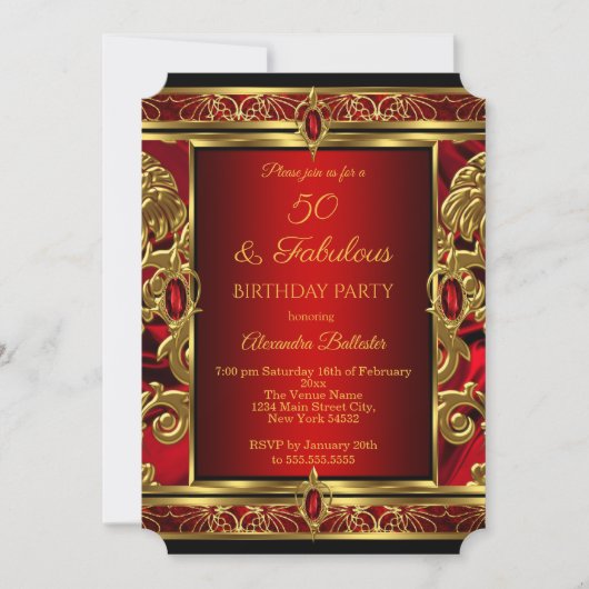 Fabulous 50 Birthday Red Ruby Jewel Damask Gold Kaart (Voorkant)