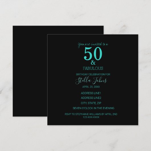 Fabulous 50 Birthday Turquoise Black Custom Party Kaart (Voorkant / Achterkant)