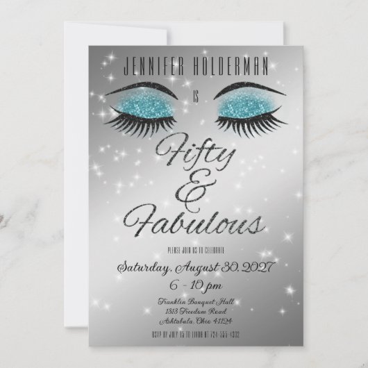 Fabulous 50 Black Aqua Glam Eyes Invitation Kaart (Voorkant)