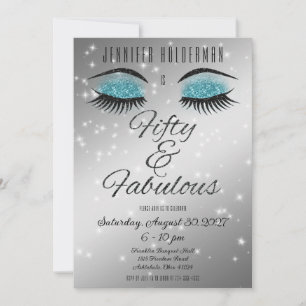 Fabulous 50 Black Aqua Glam Eyes Invitation Kaart