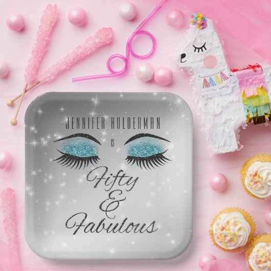 Fabulous 50 Black Aqua Glam Eyes Paper-Borden Papieren Bordje (Feest)
