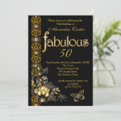 Fabulous 50 Black floral Gold verjaardagsvlinder Kaart (Staand voorkant)