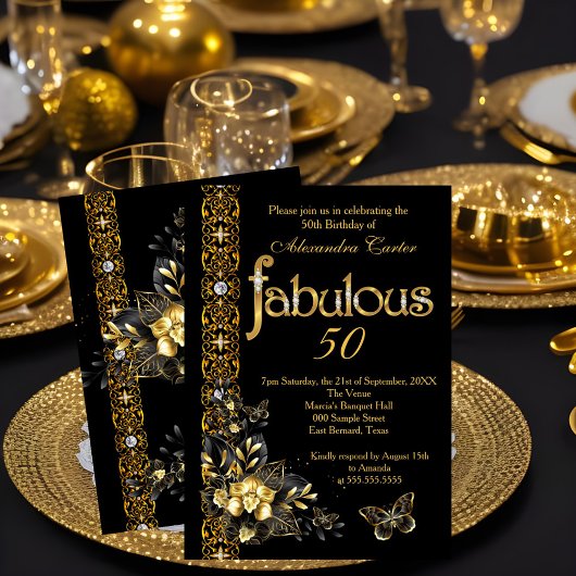 Fabulous 50 Black floral Gold verjaardagsvlinder Kaart