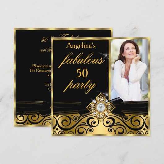 Fabulous 50 Black Gold Faux Diamond Photo Party Kaart (Voorkant / Achterkant)