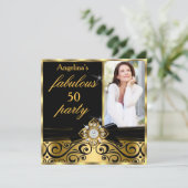 Fabulous 50 Black Gold Faux Diamond Photo Party Kaart (Staand voorkant)